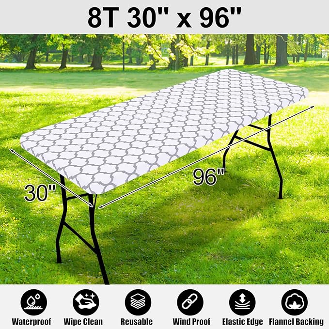 Smiry Rectangle Picnic Table Cover, Waterproof Elastic Fitted Camping Tablecloths for 8 Foot Tables, Wipeable Flannel Backed Vinyl Tablecloth Protector for Indoor, Outdoor (White, 30x96 Inches)