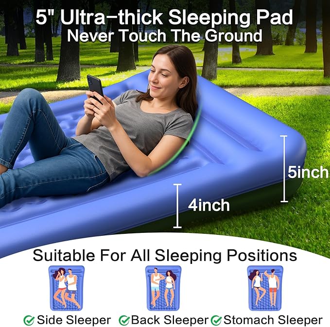Double Sleeping Pad for Camping, Extra Thick 5 Inch Self-Inflating 2 Person Camping Mattress,with Built-in Foot Pump, Insulated Inflatable Camping Mat for Backpacking, Hiking, Tents & Winter