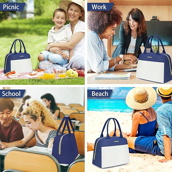 LOKASS Lunch Bag for Women-Insulated Adults Lunch Box with Front Pocket- Small Cute Lunch Tote for Work-Reusable Cooler Bag for Office Picnic Beach or Travel(Dark Blue)