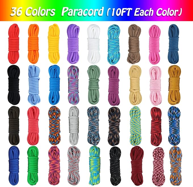 MONOBIN Paracord Combo Kit - 36 Colors, Multifunction Ropes & Accessories for Crafts