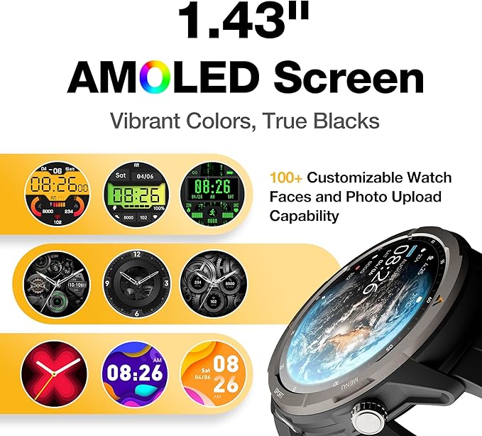 AGM Legion Rugged Smart Watch for Women, 1.43" HD AMOLED Touchscreen, Bluetooth Calling, 5 ATM & IP68, Sports Modes, Barometer & Altimeter, DIY Dial, 24/7 Heart Rate/SpO2/Sleep Monitor for iOS Android
