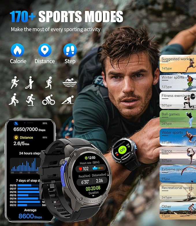 GPS Smart Watch for Men(Answer/Make Call),6 Satellite Positioning/Compass,50M Waterproof,600mAh Extra-large battery,1.43" AMOLED,170 Fitness Sports Modes/Heart Rate/SpO2/pedometer for Android/iOS