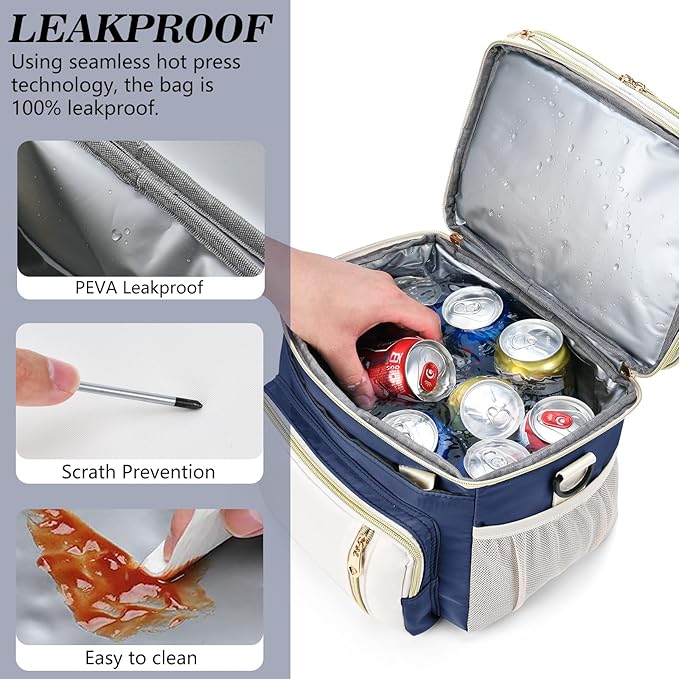Lunch Box & Lunch Bag for Women Men, Large Insulated Adult Lunch Box Leakproof Lunchbox Cooler Bag for Work Picnic Beach,16L, Dark Blue & White