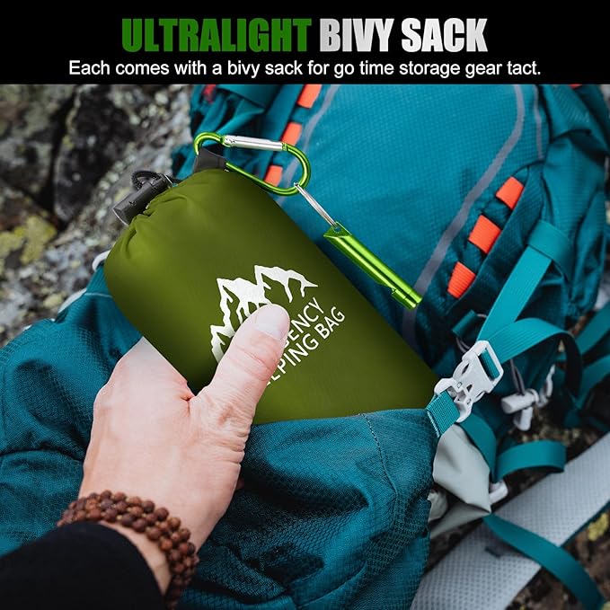 Oudain 6 Pcs XL Emergency Sleeping Bag 94.5" x 49.2" Waterproof Survival Sleeping Bag with Whistle Carabiner Portable Thermal Bivy Sack Emergency Blankets for Camping Hiking Outdoor