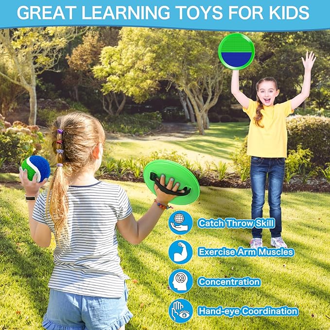 Outdoor Toys for Kids Ages 4-8, Outside Game for 3 4 5 6 7 8 -12 Year Old Boys Girls, Catch Ball Toss Game for Pool, Beach, Yard- Toddlers Birthday Gifts Easter Basket Stuffers(4Pcs Green Paddles)