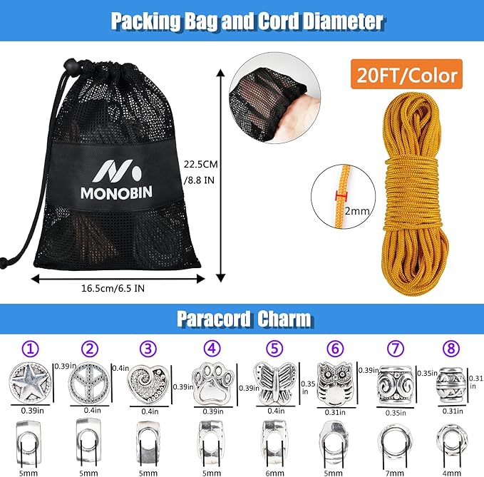 MONOBIN Micro Paracord,2mm 10Colors 20FT Paracord Combo Kit with Paracord Instructions and Charms for Making Paracord Bracelets, Lanyards, Jewelry Making