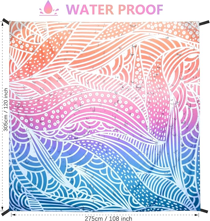 Beach Blanket Waterproof Sandproof Beach Mat for 1-8 Adults Quick Drying Durable Outdoor Picnic Mat for Beach Festival Travel Camping Hiking (Gradiant-Ripple, 120"×108"(8 Person))