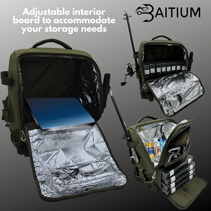 Baitium Fishing Backpack, Tackle Bag With Rod Holders, 40L Capacity With Cooler, Rain Cover, Insulated Pocket, 4 Tackle Trays Included - (Grey)