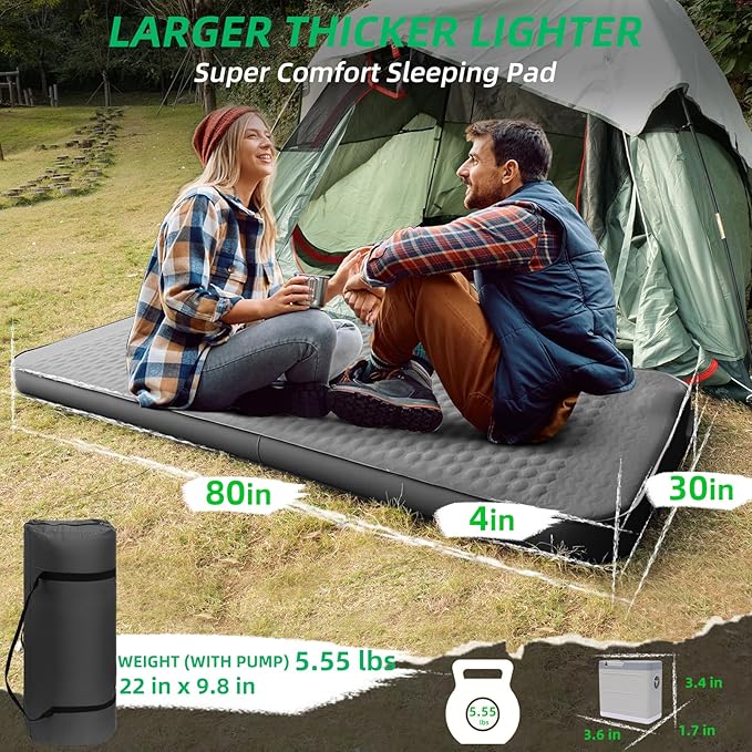 Self Inflating Sleeping Pad with Electric Pump, 4โUltra-Thick Memory Foam Camping Mattress Pad, Ultralight Camping Sleeping Pad, 9.5 R-Value Insulated Sleeping Mat for Car Travel