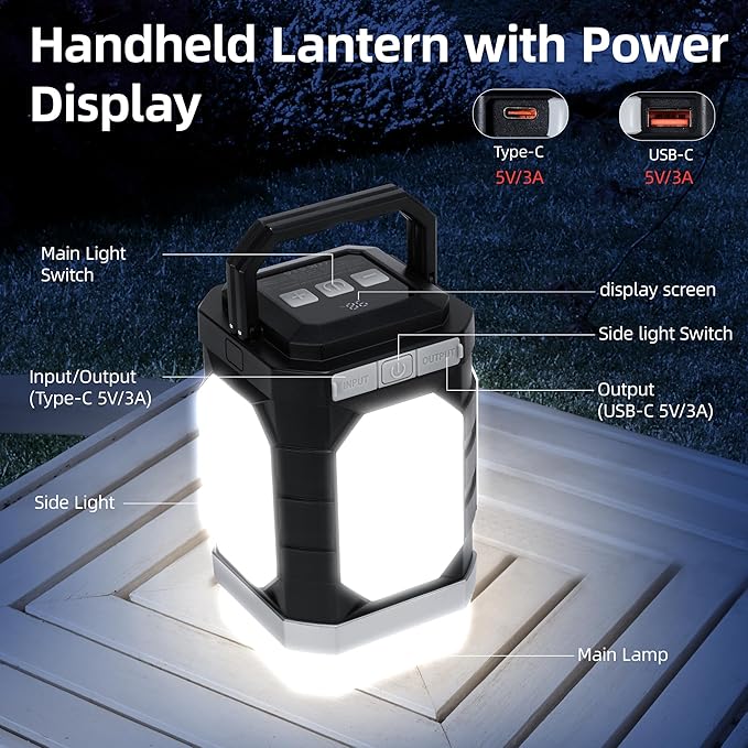 Sinvitron 30000mAh LED Camping Lantern with QC3.0 Fast Charging, 1000LM Emergency Lights for Power Outages, 350H Runtime, IPX5 Waterproof Rechargeable Lamp for Tent, Outdoor (Black/Grey)