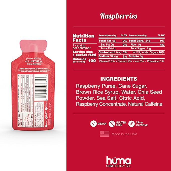 Huma Chia Energy Gel, Raspberries, 24 Gels, 25mg Caffeine - Sports Nutrition for Endurance Exercise
