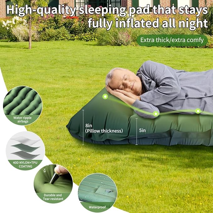 Camping Sleeping Pad, Extra Thick 5 Inch Ultralight Sleeping Pad for Camping with Pillow Built-in Foot Pump Inflatable Sleeping Pads Compact for Camp Backpacking Hiking Traveling
