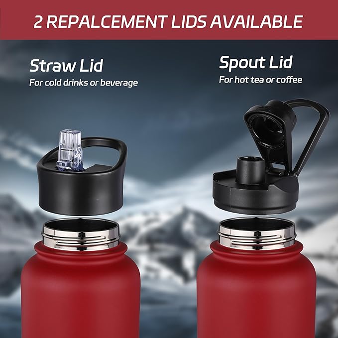 HASLE OUTFITTERS 32 oz Insulated Water Bottle Stainless Steel Double Walled Vacuum Sports Water Bottle with 2 Lids (Straw and Spout Lid) for Gym Camping Hiking(Red,1)