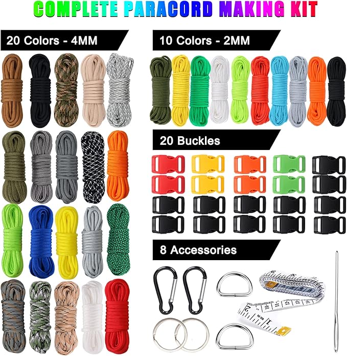 WEREWOLVES Paracord 550, 4MM Paracord 20 Colors & 2MM Micro Paracord Rope 10 Colors with Instructions Book, Paracord Bracelet Combo Crafting Kits, Parachute Cord and Complete Accessories