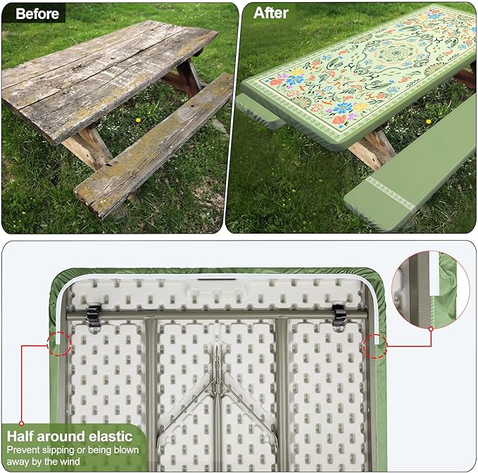 Picnic Table Cover with Bench Covers Camping Essentials Waterproof Windproof Camping Tablecloth with Drawstring Bag, Fitted Rectangle Tables and Seats, 96in, Green with Colorful Flowers