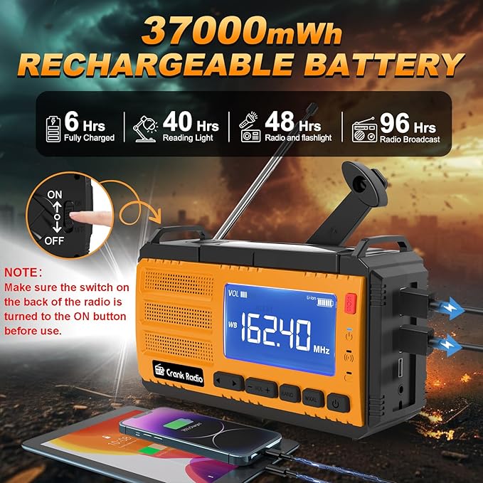 Emergency Crank Radio Solar Hand Crank Emergency Radio 37000mWh (10000mAh) AM/FM NOAA Weather Radio with LCD Display 3 Mode Flashlight SOS Alarm Compass Headphone Jack for Winter Storm Emergency