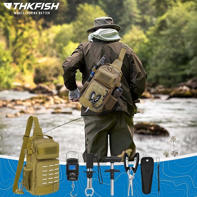 THKFISH 7Pcs Fishing Backpack with Fishing Pliers Kit, Tactical Fish Sling Tackle Bag Included Fishing Tackle kit, Digital Fishing Gear Weight Scale, Fish Hook Remover Tools