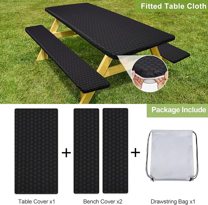 Picnic Table Cover with Bench Covers Camping Essentials Waterproof Windproof Camping Tablecloth with Drawstring Bag, Fitted Rectangle Tables and Seats, 60in, Black