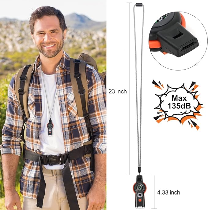7-in-1 Emergency Survival Function Whistle, Outdoor Multifunctional Tool Safety Whistle with Lanyard, Ideal for Kayaking, Boating, Hiking, Camping, Climbing, Hunting, Fishing, Rescue Signaling