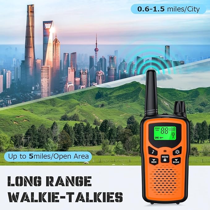 Walkie Talkie Long Range Walkie talkies with Rechargegable for Adults, 22 Channel FRS 2-Way Radios Walky Talky with LED Flashlight for Climbing, Camping Trip and Family Emergency Kit(2 Pack Orange).
