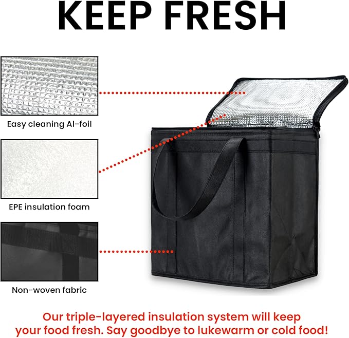 NZ home Medium Insulated Cooler Bag and Food Warmer for Delivery & Grocery Shopping with Zippered Top, Black (1 Pack)