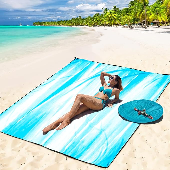 Beach Blanket Waterproof Sandproof Beach Mat 79βx 83β for 1-4 Adults Quick Drying Durable Outdoor Picnic Mat for Beach Festival Travel Camping Hiking (TINTING-BL&W, 79"Γ83"(4 Person))