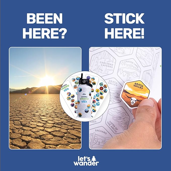 LET'S WANDER Original National Parks Water Bottle with 63 Waterproof Stickers - 32oz Leakproof Insulated Stainless Steel with Straw - USA Hiker Gift Bottle (White)