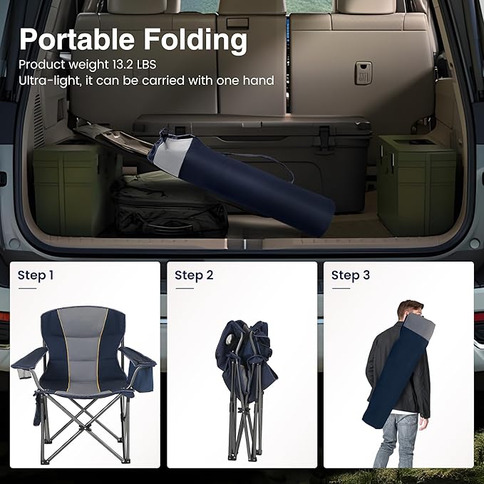 HIGH POINT SPORTS Oversized Portable Folding Camping Chair, Blue, 450 LBS Support, Sports Lawn Chair with Cup Holder and Cooler Bag