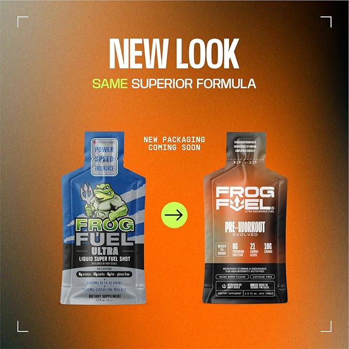 Frog Fuel Ultra Pre Workout Shot & Energy Gel with 1500mg Beta Alanine, Electrolytes 8g Protein Nano-Hydrolyzed Grass Fed Collagen, 10g Carbs, Gluten Free, Fat Free, Berry, 1.2 oz Packets, 24 Pack