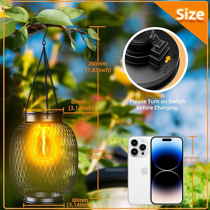 Lanterns Outdoor Waterproof, Collasis 2 Pack Vintage Metal Hanging Lanterns with Hooks Solar Garden Decoration Lights Solar Lights Outdoor for Patio Balcony Yard Lawn, Black