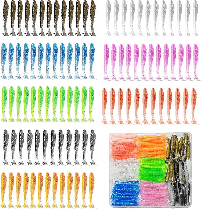 Soft Fishing Lures(96 Pcs), Unique Vibrating Swim Action, Paddle Tail Swimbaits Soft Plastic Lures for Trout Crappie Walleye Sea Bass(96 Pcs, 8 Colors)
