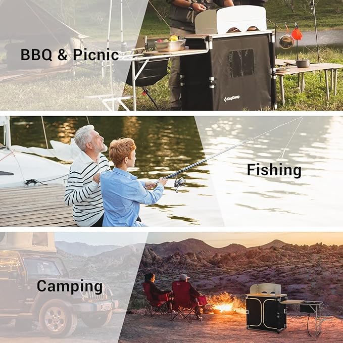 KingCamp Bamboo Camp Kitchen Station, Folding Overland Camping Kitchen Table Hooks Portable Outdoor Cooking with Adjustable Lantern Pole & Windshield Storage Organizer for Tailgating BBQ Picnic RV