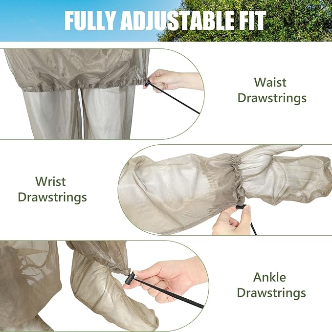 4-Piece Net Suit S/M, Full Body Jacket with Zippered Hood, Pants, Gloves & Foot Covers, Thickened Breathable Mesh, Adjustable Fit for Men & Women, Lightweight for Outdoor, Camping, Fishing & Gardening