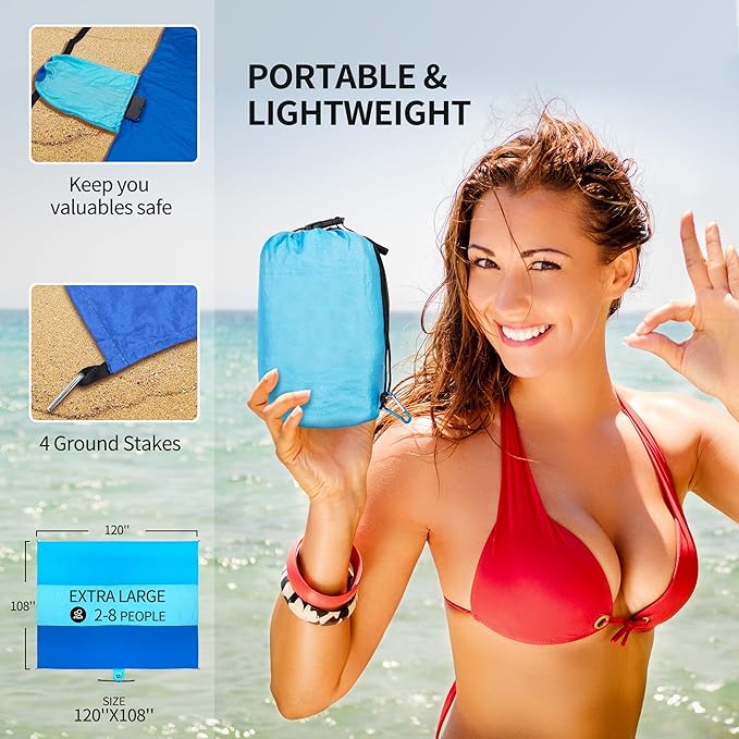 Beach Blanket, Sandproof Beach Mat, Waterproof Quick Drying Lightweight Outdoor Aztec Picnic Mat 79" X 83"/120"x108" for 2-8 Adults for Travel, Camping, Hiking
