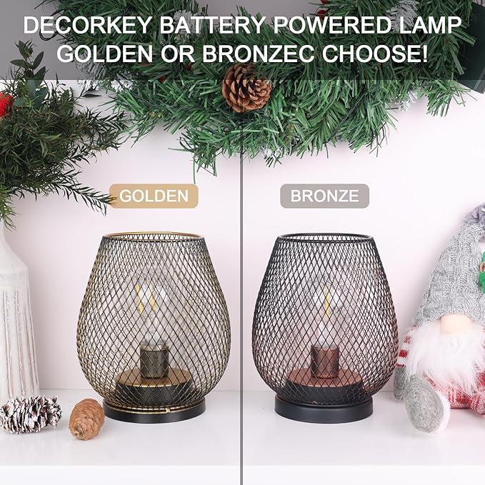 DECORKEY Set of 2 Battery Operated Lamp LED Table Lantern, Golden Metal Cage Cordless Lamps with LED Bulb,Vintage Decorative Outdoor Lantern for Weddings, Parties, Patio, Events for Indoor Shelf Decor