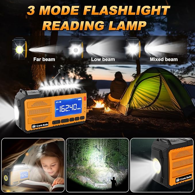 Emergency Crank Radio Solar Hand Crank Emergency Radio 37000mWh (10000mAh) AM/FM NOAA Weather Radio with LCD Display 3 Mode Flashlight SOS Alarm Compass Headphone Jack for Winter Storm Emergency