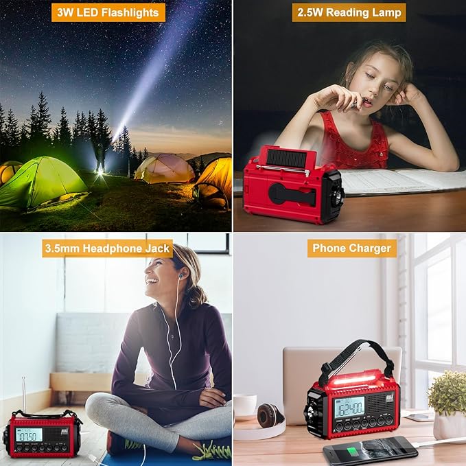 Raynic Emergency Radio, 5000mAh/18500mWh Weather Radio, Solar Hand Crank Emergency Radio with AM/FM/SW/NOAA, Cell Phone Charger, Headphone Jack, Flashlight, Type-C Charging and SOS Siren for Hurricane
