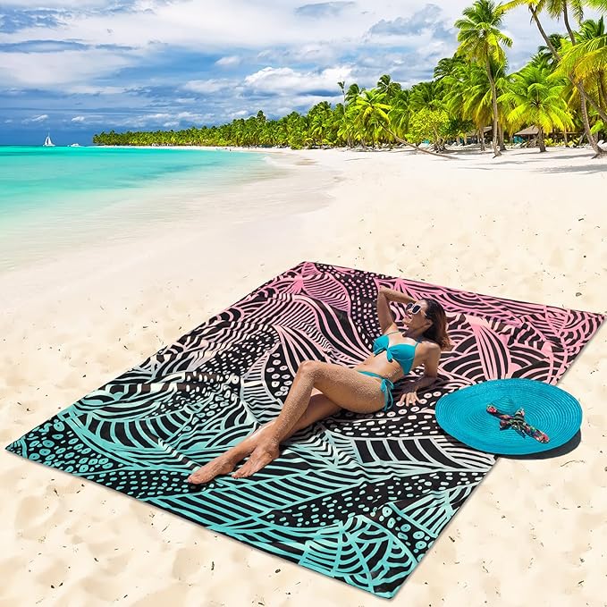 Beach Blanket Waterproof Sandproof Beach Mat 79βx 83β for 1-4 Adults Quick Drying Durable Outdoor Picnic Mat for Beach Festival Travel Camping Hiking (Gradiant BK-Ripple, 79"Γ83"(4 Person))