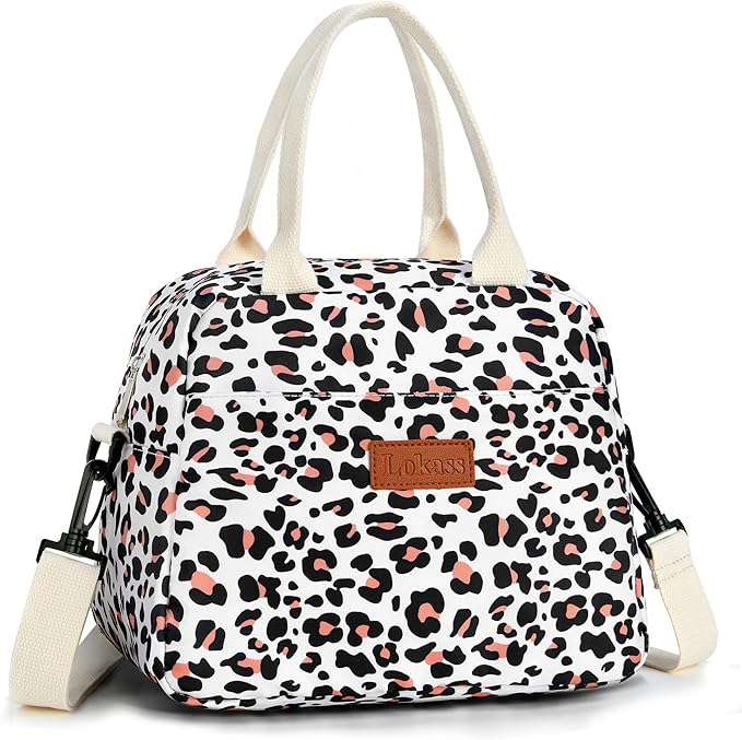 LOKASS Lunch Box for Women-Insulated Adults Lunch Bag with Removable Shoulder Strap&Front Pocket,Cute Lunch Tote for Work-Reusable Leopard Print Cooler Bag for Office Picnic Beach or Travel