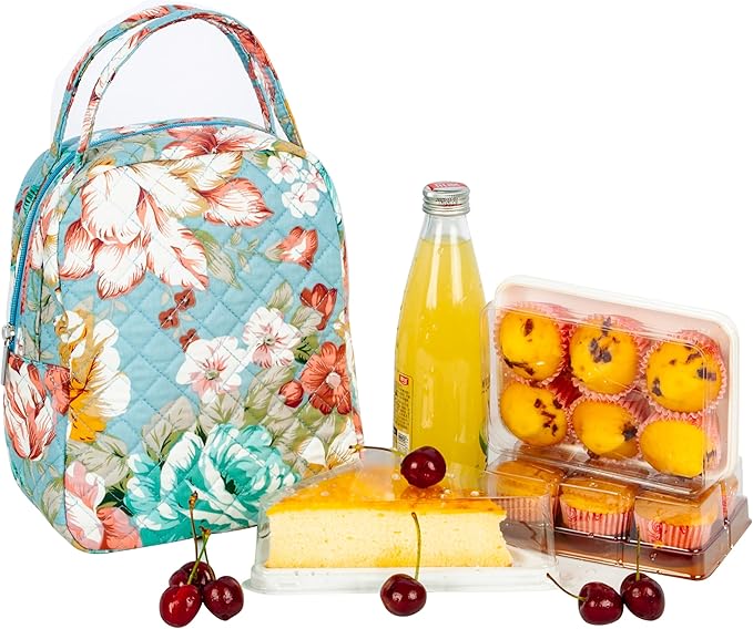 Machine Washable Women Quilted Fabric Insulated Reusable Cooler Lunch Bag Tote Adult Thermal Lunch Box Storage Bag for Work (Floral)