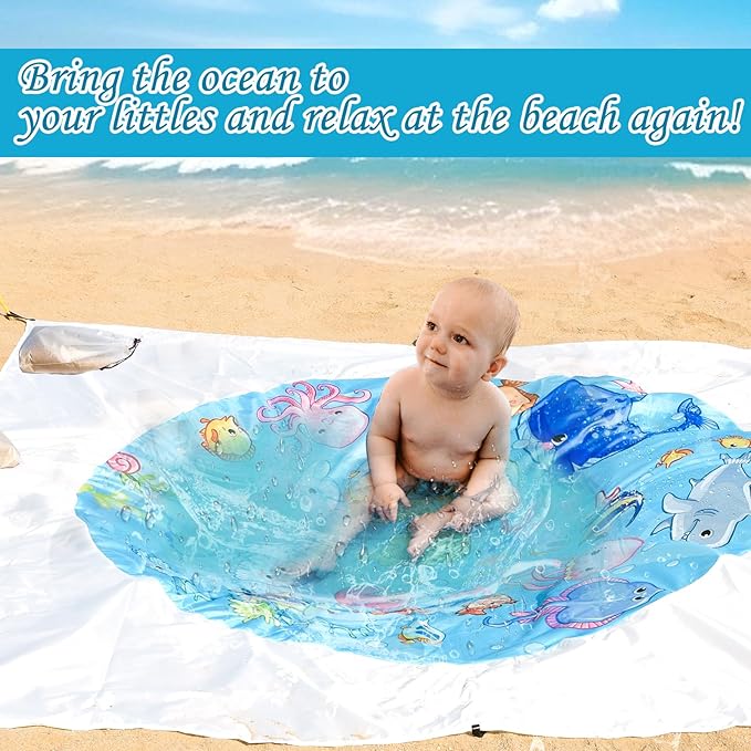 Portable Square Baby Beach Pool, 6.5 X 6.5 Feet Marine Cartoon Animals Toddler Puddle Pool Blue 2 in 1 Childs Beach Blanket and Kiddie Pools Flexible Kids Beach Pools with Carrying Bag for Boys Girls