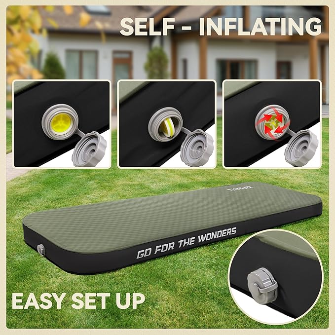 UPWELL Self Inflating Sleeping Pad 4.5" Thickness Camping Mattress with Solid Foam Single Sleeping Mat Portable Fast Inflation for Outdoor Mat Portable Roll Up Bed Green&Black