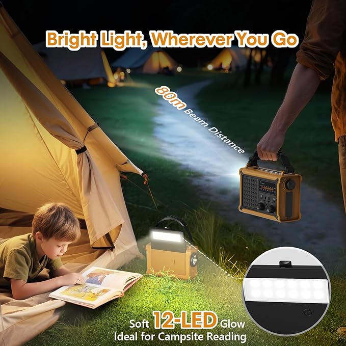 Raynic NOAA Weather Radio 12000mAh, Emergency Weather Radio with 2X Faster Solar & Hand Crank Charging, 5W Flashlight, Reading Lamp, Cell Phone Charger, SOS for Hurricane, Storm, Camping