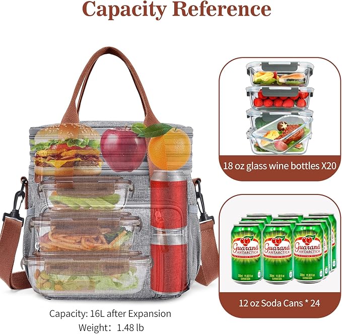 Lunch Box & Lunch Bag for Women Men, Large Insulated Adult Lunch Box Leakproof Lunchbox Cooler Bag for Work Picnic Beach,16L, Gray