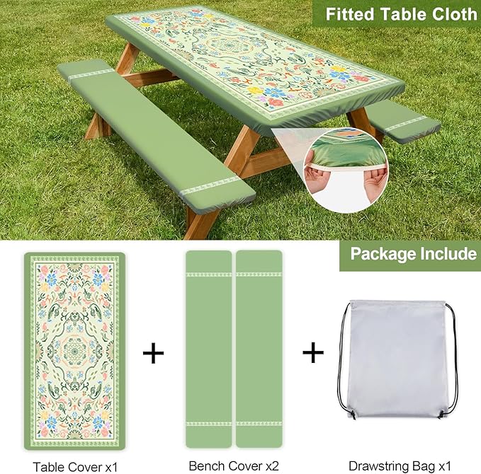Picnic Table Cover with Bench Covers Camping Essentials Waterproof Windproof Camping Tablecloth with Drawstring Bag, Fitted Rectangle Tables and Seats, 96in, Green with Colorful Flowers