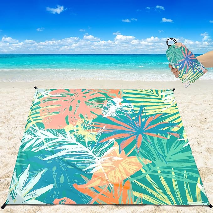 Beach Blanket Waterproof Sandproof Beach Mat 79βx 83β for 1-4 Adults Quick Drying Durable Outdoor Picnic Mat for Beach Festival Travel Camping Hiking (Colorful-Palm, 79"Γ83"(4 Person))