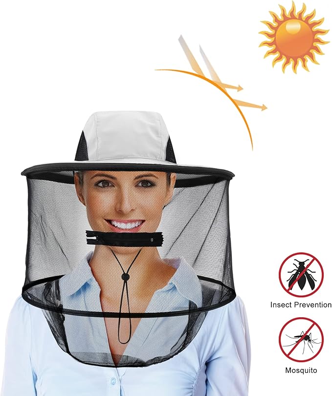 Mosquito Head Net Hat with Removable Mesh Hidden Netting, Camouflage Design with Zipper Net for Outdoor Fishing Gardening Hiking Face Cover (Grey)