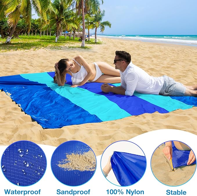 BYDOLL Nylon Beach Blanket Waterproof Sandproof Oversized 7'x7' Suits 1-5 Adults Sand Free Extra Large Blanket Lightweight Soft Picnic Mat for Beach Travel Camping