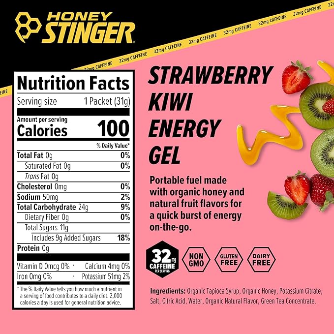 Honey Stinger Caffeinated Organic Energy Gel Variety Pack, 12 Packs Each of Salted Caramel Latte & Strawberry Kiwi, Caffeinated & Gluten Free, For All Exercises, Sports Nutrition for Home & Gym