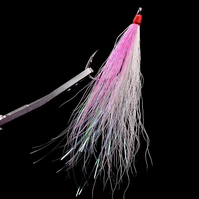Fishing Bucktail Teaser Hooks,5pcs Saltwater Fishing Jig Teaser Lures with Carbon Steel Hooks Crystal Flash Flounder Rigs for Salmon Trout Sea Bass Steelhead